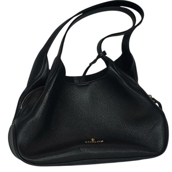 Black Pebbled Leather Shoulder Bag 3 Compartment Tote w/ Gold Zipper & Monogram - Picture 4 of 7